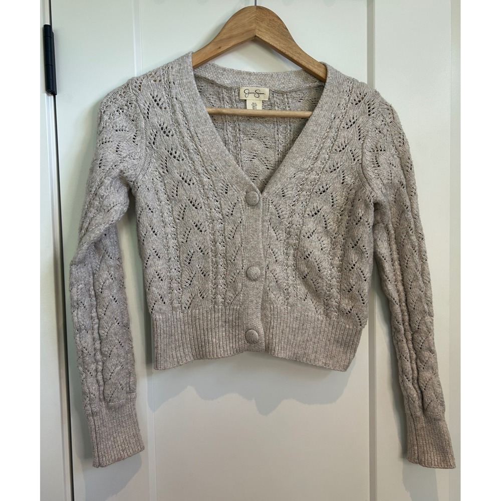 Jessica Simpson Oatmeal Pointelle Cable Knit Button Front Cardigan‎ Sweater Crop